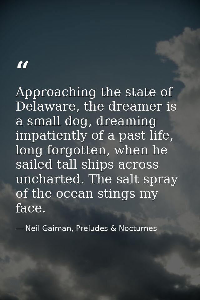 Approaching the state of Delaware, the dreamer is a small dog, dreaming impatiently of a past life, long forgotten, when — Neil Gaiman, Preludes & Nocturnes