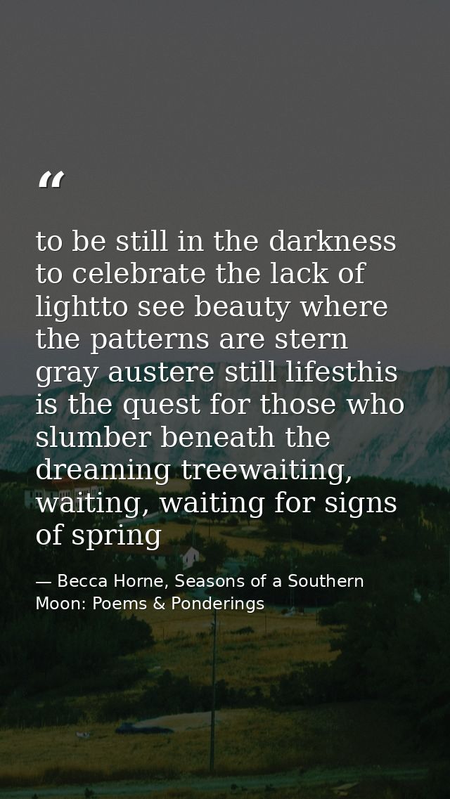 to be still in the darkness to celebrate the lack of lightto see beauty where the patterns are stern gray austere still  — Becca Horne, Seasons of a Southern Moon: Poems & Ponderings