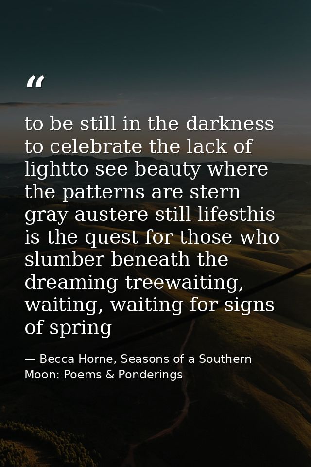 to be still in the darkness to celebrate the lack of lightto see beauty where the patterns are stern gray austere still  — Becca Horne, Seasons of a Southern Moon: Poems & Ponderings