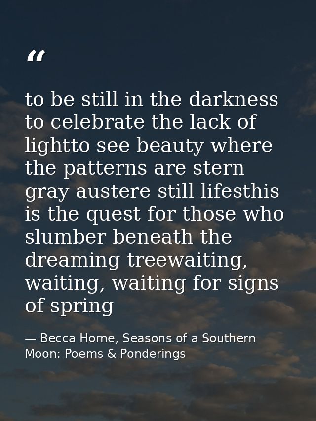 to be still in the darkness to celebrate the lack of lightto see beauty where the patterns are stern gray austere still  — Becca Horne, Seasons of a Southern Moon: Poems & Ponderings