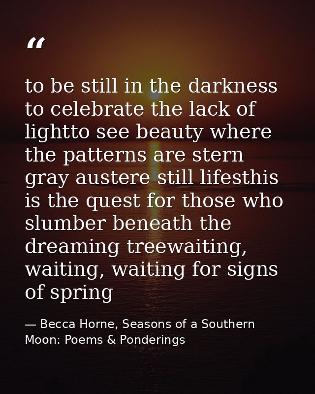 to be still in the darkness to celebrate the lack of lightto see beauty where the patterns are stern gray austere still  — Becca Horne, Seasons of a Southern Moon: Poems & Ponderings