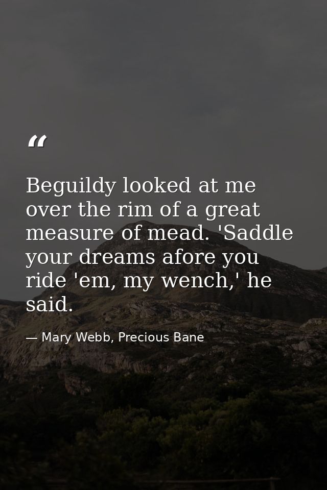Beguildy looked at me over the rim of a great measure of mead. 'Saddle your dreams afore you ride 'em, my wench,' he sai — Mary Webb, Precious Bane