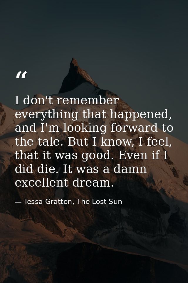 I don't remember everything that happened, and I'm looking forward to the tale. But I know, I feel, that it was good. Ev — Tessa Gratton, The Lost Sun