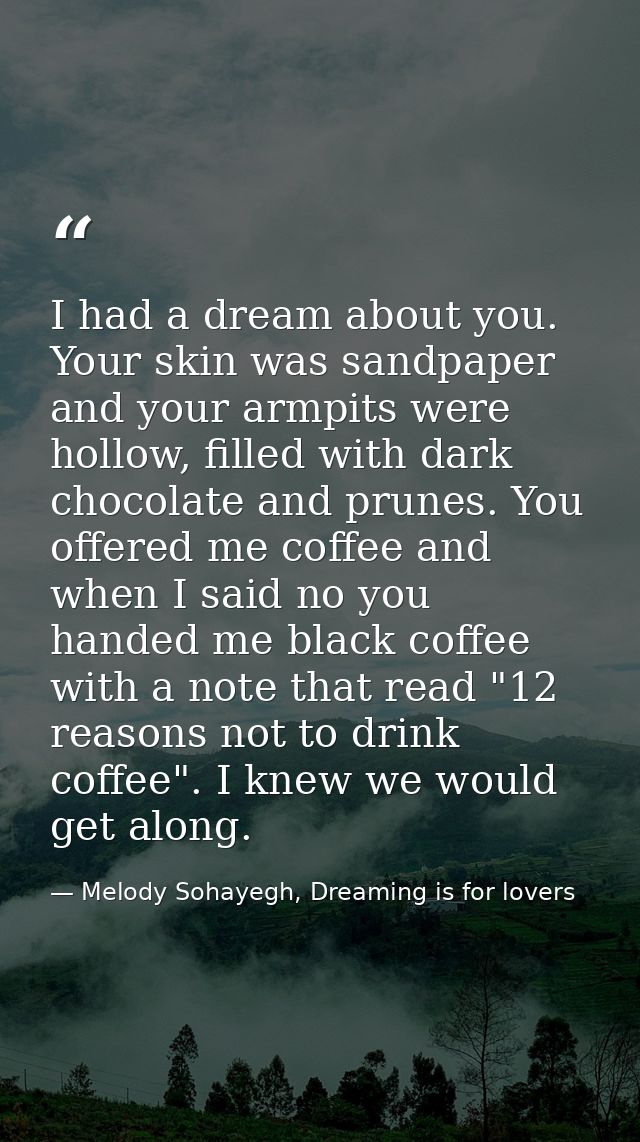 I had a dream about you. Your skin was sandpaper and your armpits were hollow, filled with dark chocolate and prunes. Yo — Melody Sohayegh, Dreaming is for lovers