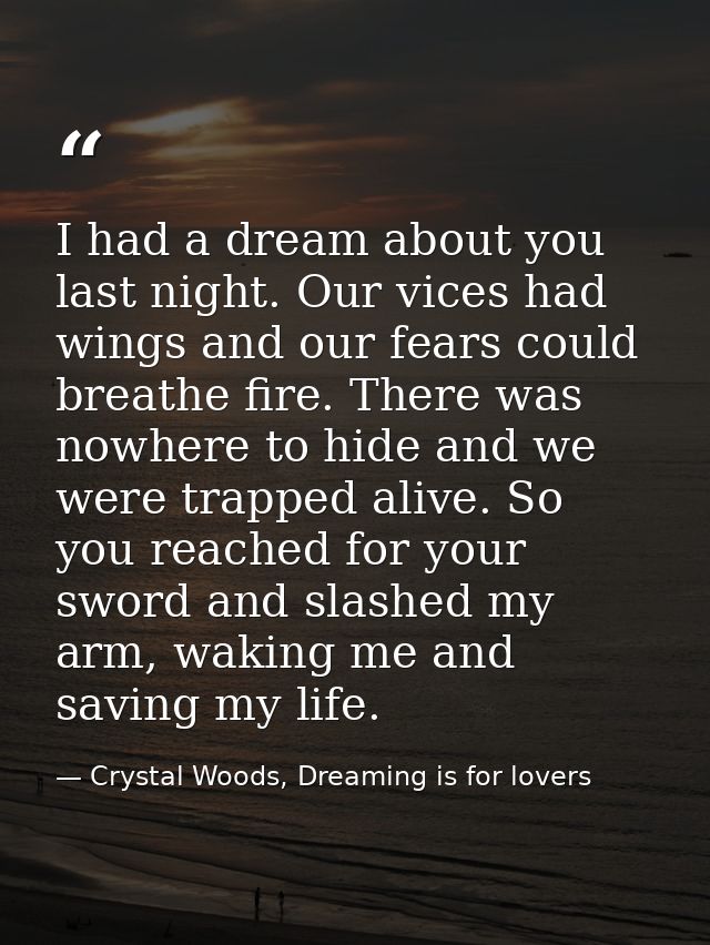 I had a dream about you last night. Our vices had wings and our fears could breathe fire. There was nowhere to hide and  — Crystal Woods, Dreaming is for lovers