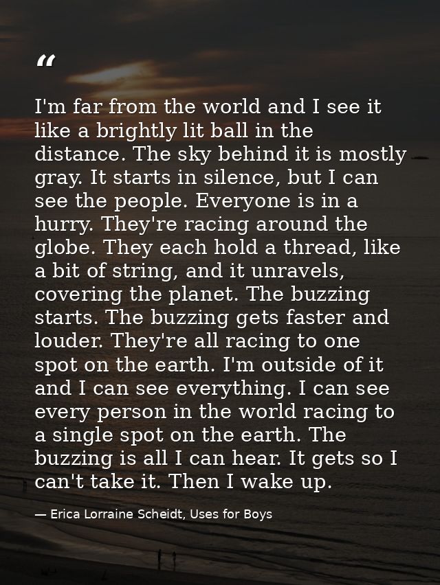 I'm far from the world and I see it like a brightly lit ball in the distance. The sky behind it is mostly gray. It start — Erica Lorraine Scheidt, Uses for Boys