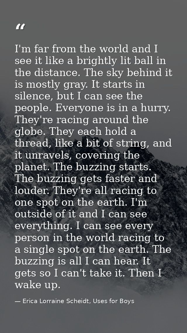 I'm far from the world and I see it like a brightly lit ball in the distance. The sky behind it is mostly gray. It start — Erica Lorraine Scheidt, Uses for Boys