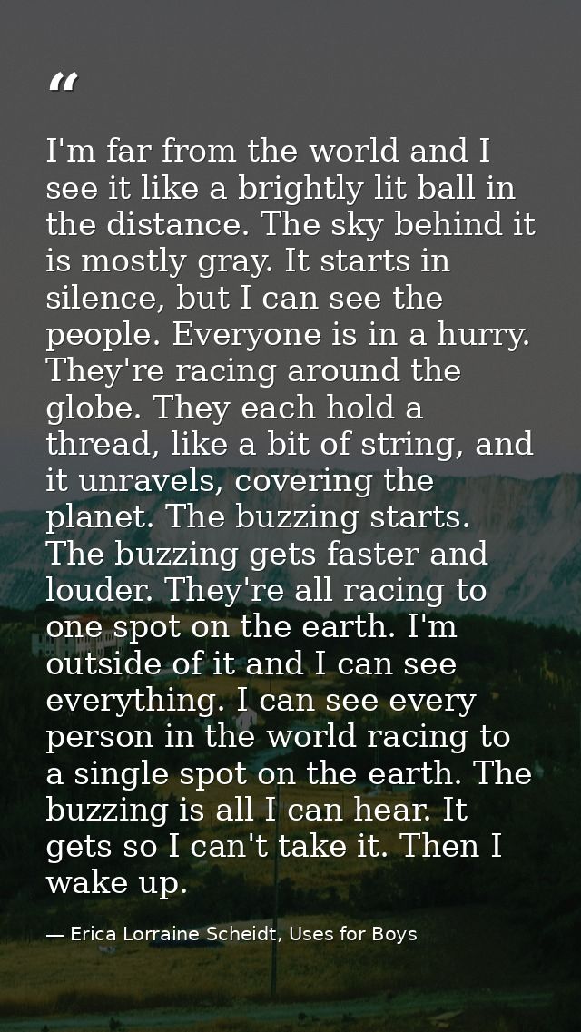 I'm far from the world and I see it like a brightly lit ball in the distance. The sky behind it is mostly gray. It start — Erica Lorraine Scheidt, Uses for Boys