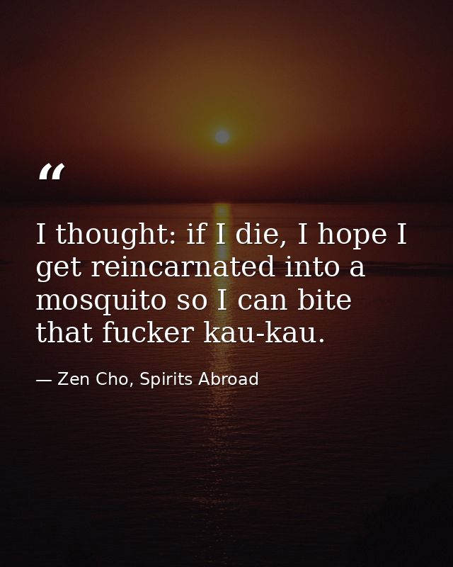 I thought: if I die, I hope I get reincarnated into a mosquito so I can bite that fucker kau-kau. — Zen Cho, Spirits Abroad
