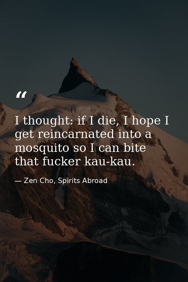 I thought: if I die, I hope I get reincarnated into a mosquito so I can bite that fucker kau-kau. — Zen Cho, Spirits Abroad