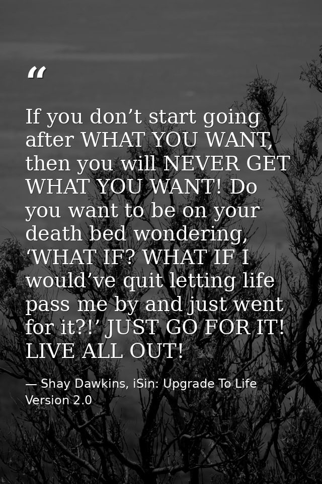 If you don’t start going after WHAT YOU WANT, then you will NEVER GET WHAT YOU WANT! Do you want to be on your death bed — Shay Dawkins, iSin: Upgrade To Life Version 2.0