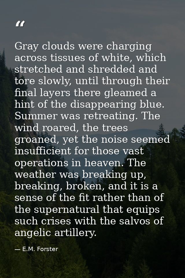 Gray clouds were charging across tissues of white, which stretched and shredded and tore slowly, until through their fin — E.M. Forster