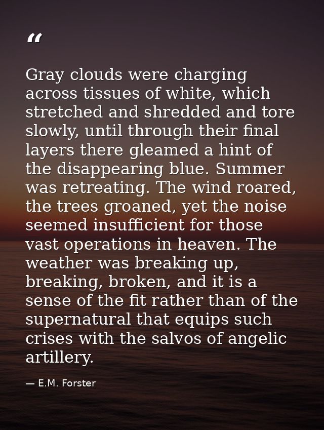 Gray clouds were charging across tissues of white, which stretched and shredded and tore slowly, until through their fin — E.M. Forster