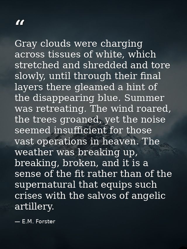 Gray clouds were charging across tissues of white, which stretched and shredded and tore slowly, until through their fin — E.M. Forster