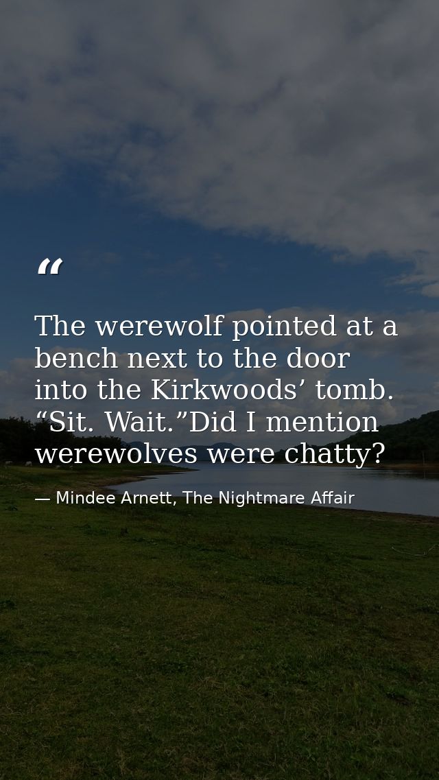The werewolf pointed at a bench next to the door into the Kirkwoods’ tomb. “Sit. Wait.”Did I mention werewolves were cha — Mindee Arnett, The Nightmare Affair
