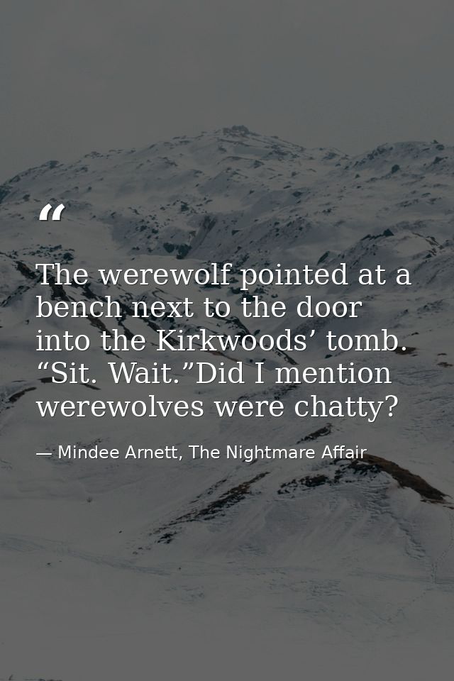 The werewolf pointed at a bench next to the door into the Kirkwoods’ tomb. “Sit. Wait.”Did I mention werewolves were cha — Mindee Arnett, The Nightmare Affair