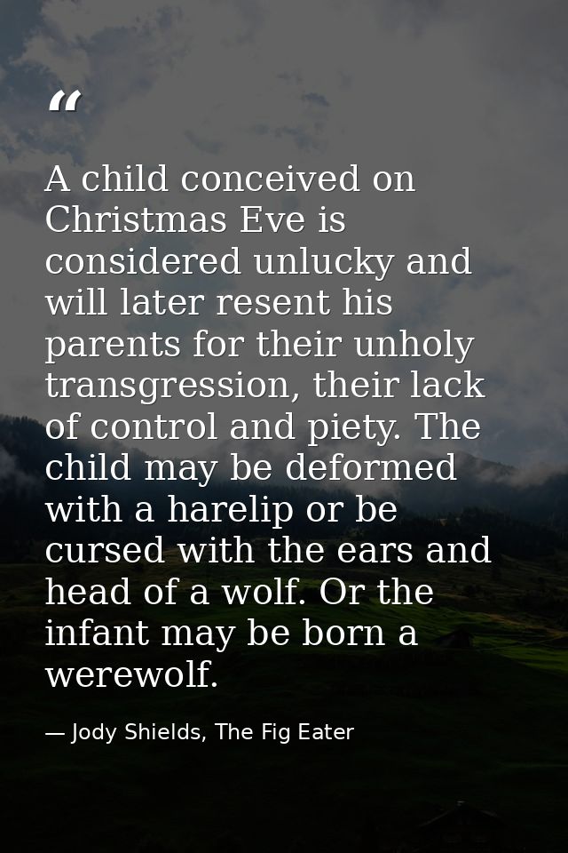 A child conceived on Christmas Eve is considered unlucky and will later resent his parents for their unholy transgressio — Jody Shields, The Fig Eater