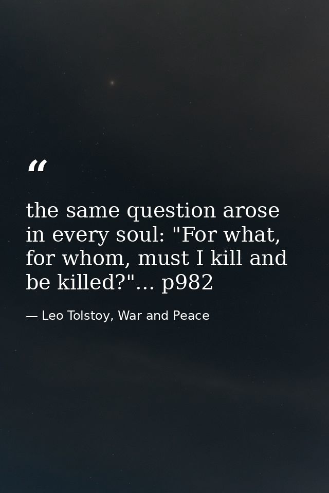 the same question arose in every soul: "For what, for whom, must I kill and be killed?"... p982 — Leo Tolstoy, War and Peace