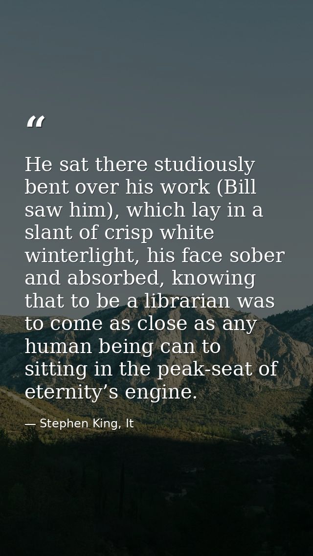 He sat there studiously bent over his work (Bill saw him), which lay in a slant of crisp white winterlight, his face sob — Stephen King, It