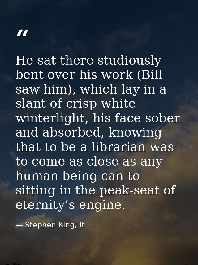 He sat there studiously bent over his work (Bill saw him), which lay in a slant of crisp white winterlight, his face sob — Stephen King, It