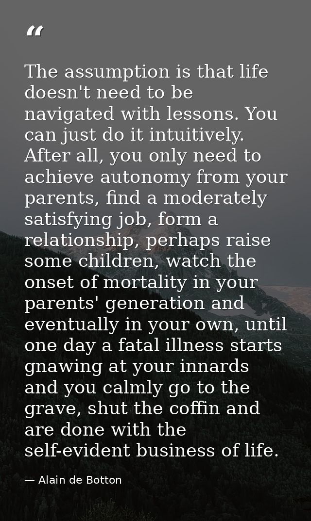 The assumption is that life doesn't need to be navigated with lessons. You can just do it intuitively. After all, you on — Alain de Botton