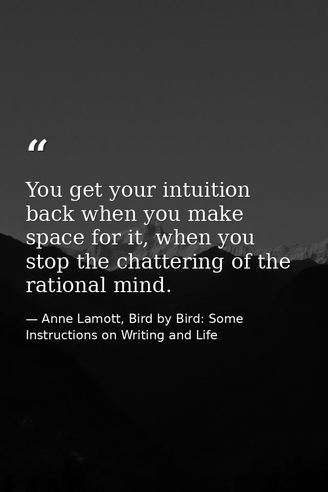 You get your intuition back when you make space for it, when you stop the chattering of the rational mind. — Anne Lamott, Bird by Bird: Some Instructions on Writing and Life