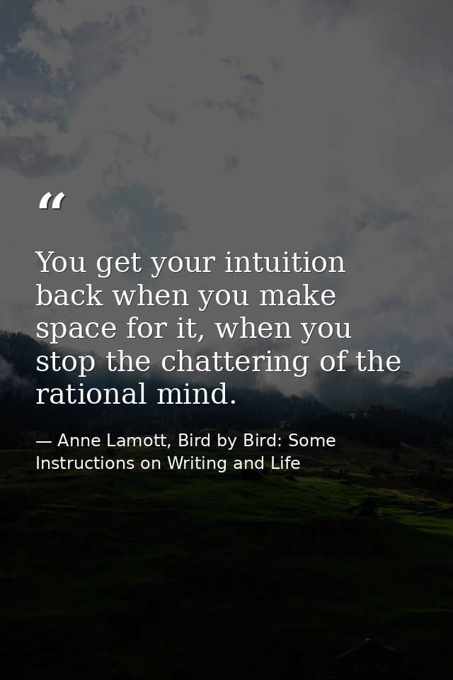 You get your intuition back when you make space for it, when you stop the chattering of the rational mind. — Anne Lamott, Bird by Bird: Some Instructions on Writing and Life