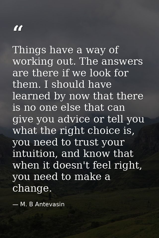 Things have a way of working out. The answers are there if we look for them. I should have learned by now that there is  — M. B Antevasin