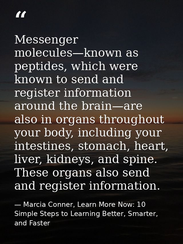 Messenger molecules—known as peptides, which were known to send and register information around the brain—are also in or — Marcia Conner, Learn More Now: 10 Simple Steps to Learning Better, Smarter, and Faster
