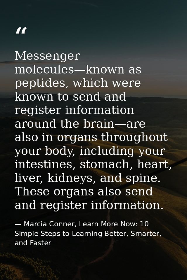 Messenger molecules—known as peptides, which were known to send and register information around the brain—are also in or — Marcia Conner, Learn More Now: 10 Simple Steps to Learning Better, Smarter, and Faster
