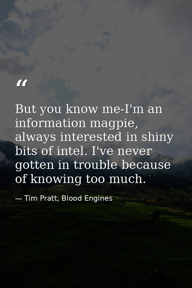 But you know me-I'm an information magpie, always interested in shiny bits of intel. I've never gotten in trouble becaus — Tim Pratt, Blood Engines