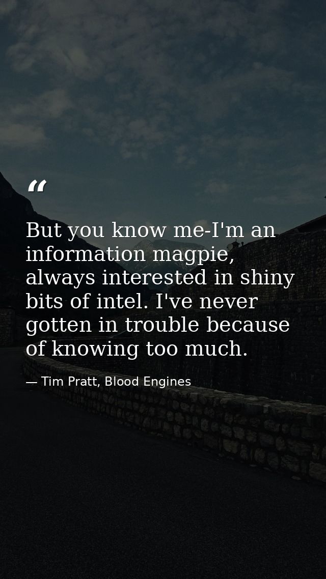 But you know me-I'm an information magpie, always interested in shiny bits of intel. I've never gotten in trouble becaus — Tim Pratt, Blood Engines