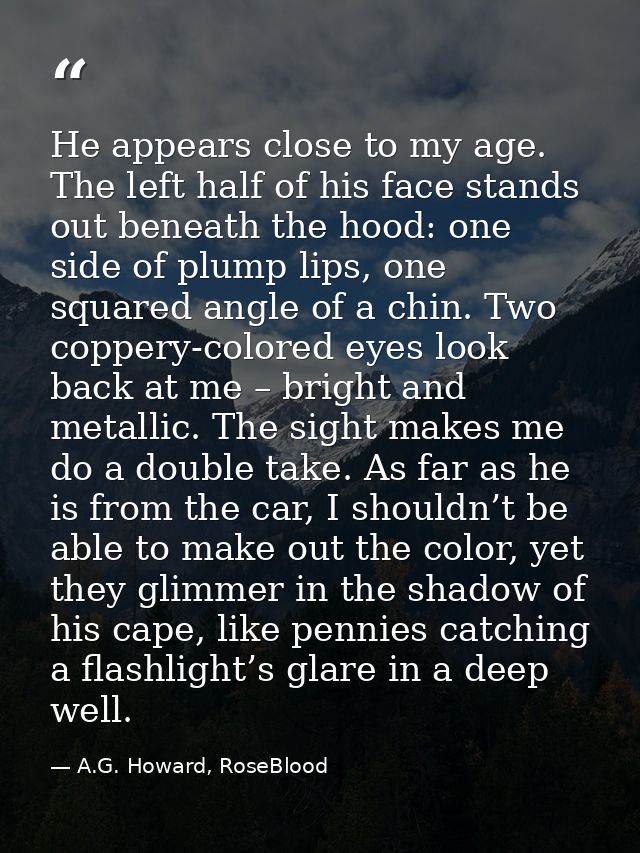 He appears close to my age. The left half of his face stands out beneath the hood: one side of plump lips, one squared a — A.G. Howard, RoseBlood