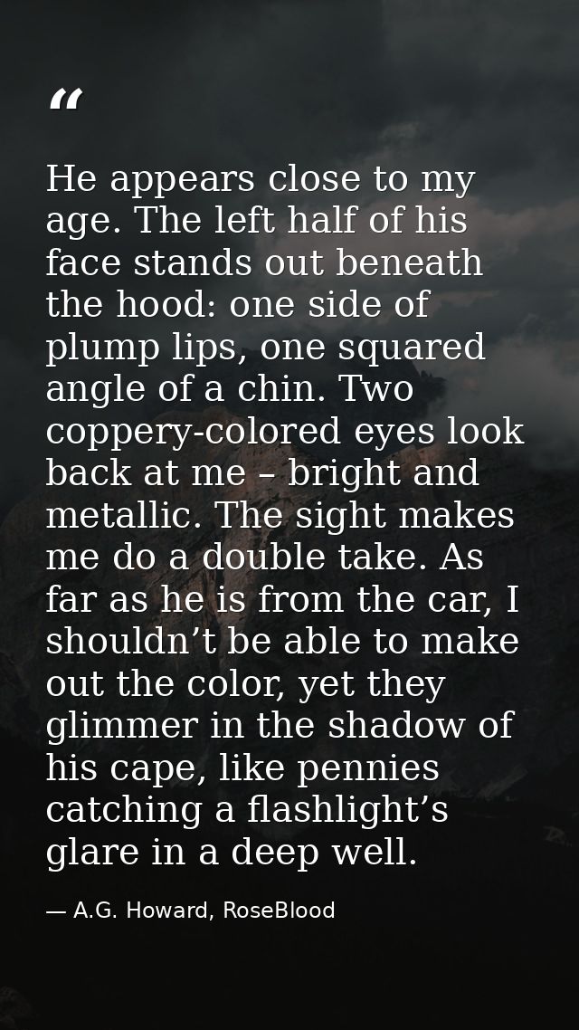 He appears close to my age. The left half of his face stands out beneath the hood: one side of plump lips, one squared a — A.G. Howard, RoseBlood