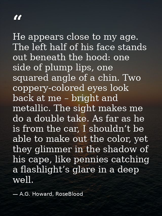 He appears close to my age. The left half of his face stands out beneath the hood: one side of plump lips, one squared a — A.G. Howard, RoseBlood