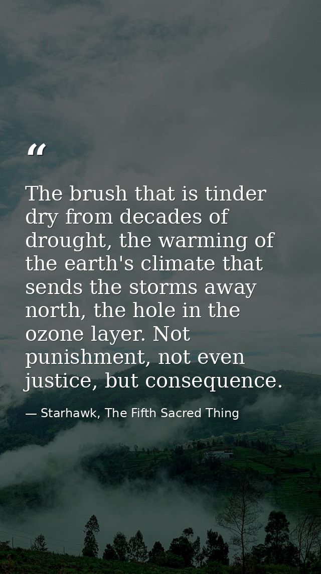 The brush that is tinder dry from decades of drought, the warming of the earth's climate that sends the storms away nort — Starhawk, The Fifth Sacred Thing