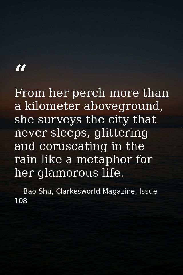 From her perch more than a kilometer aboveground, she surveys the city that never sleeps, glittering and coruscating in  — Bao Shu, Clarkesworld Magazine, Issue 108