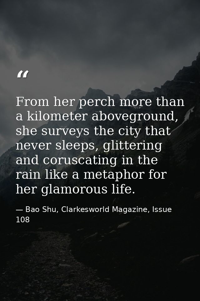 From her perch more than a kilometer aboveground, she surveys the city that never sleeps, glittering and coruscating in  — Bao Shu, Clarkesworld Magazine, Issue 108