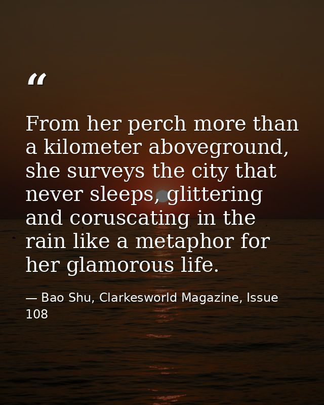 From her perch more than a kilometer aboveground, she surveys the city that never sleeps, glittering and coruscating in  — Bao Shu, Clarkesworld Magazine, Issue 108