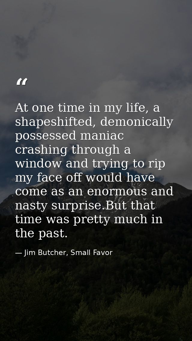At one time in my life, a shapeshifted, demonically possessed maniac crashing through a window and trying to rip my face — Jim Butcher, Small Favor