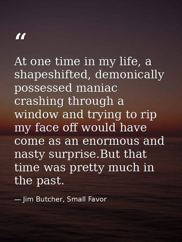 At one time in my life, a shapeshifted, demonically possessed maniac crashing through a window and trying to rip my face — Jim Butcher, Small Favor