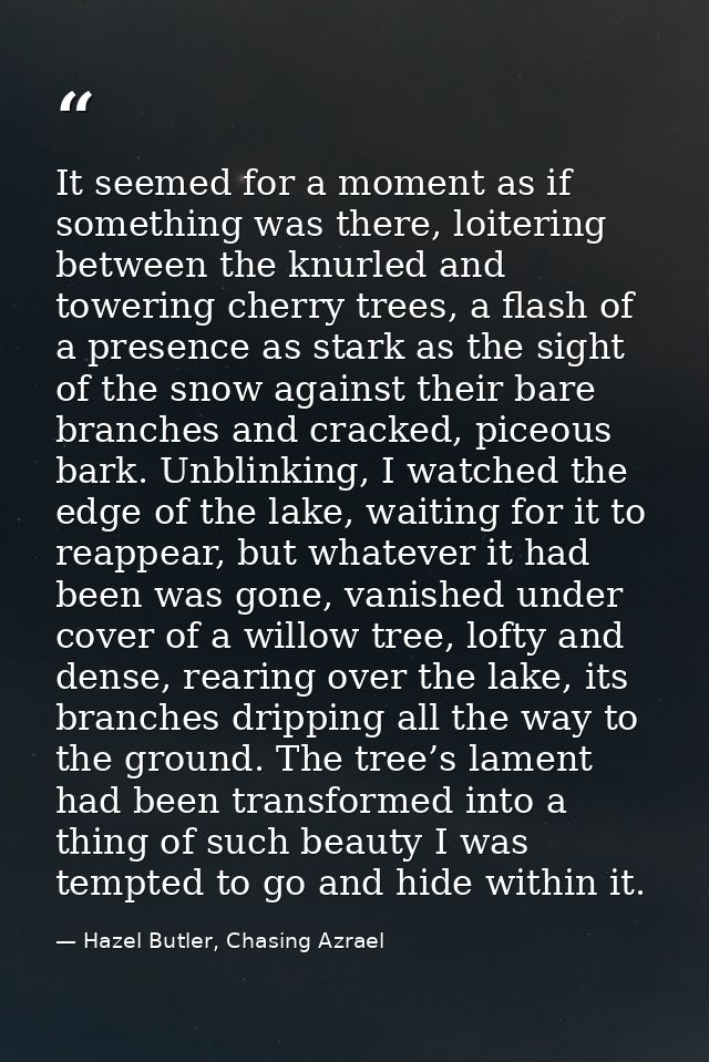 It seemed for a moment as if something was there, loitering between the knurled and towering cherry trees, a flash of a  — Hazel Butler, Chasing Azrael