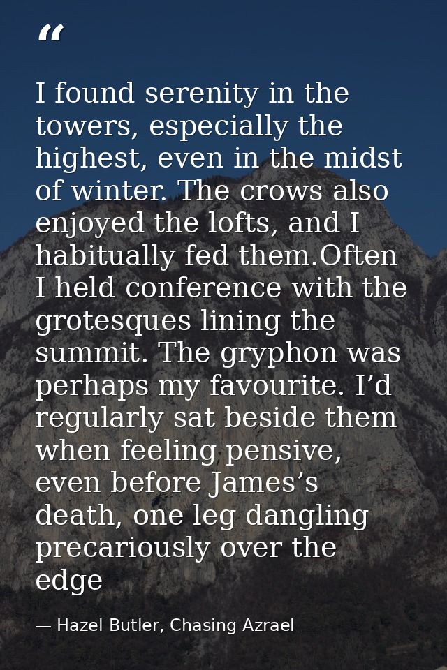 I found serenity in the towers, especially the highest, even in the midst of winter. The crows also enjoyed the lofts, a — Hazel Butler, Chasing Azrael