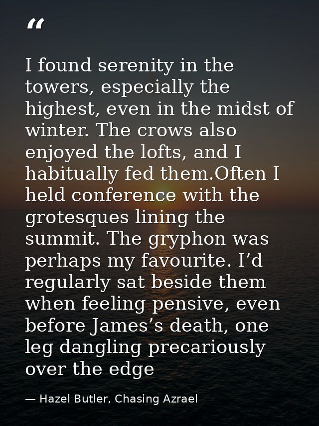 I found serenity in the towers, especially the highest, even in the midst of winter. The crows also enjoyed the lofts, a — Hazel Butler, Chasing Azrael