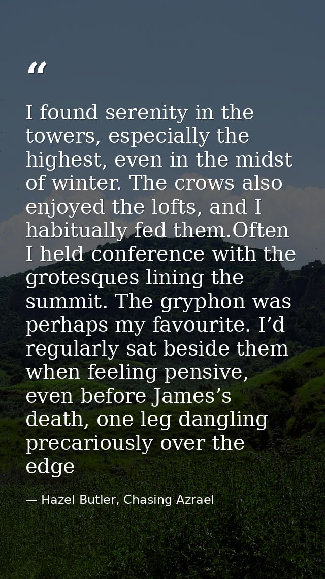 I found serenity in the towers, especially the highest, even in the midst of winter. The crows also enjoyed the lofts, a — Hazel Butler, Chasing Azrael