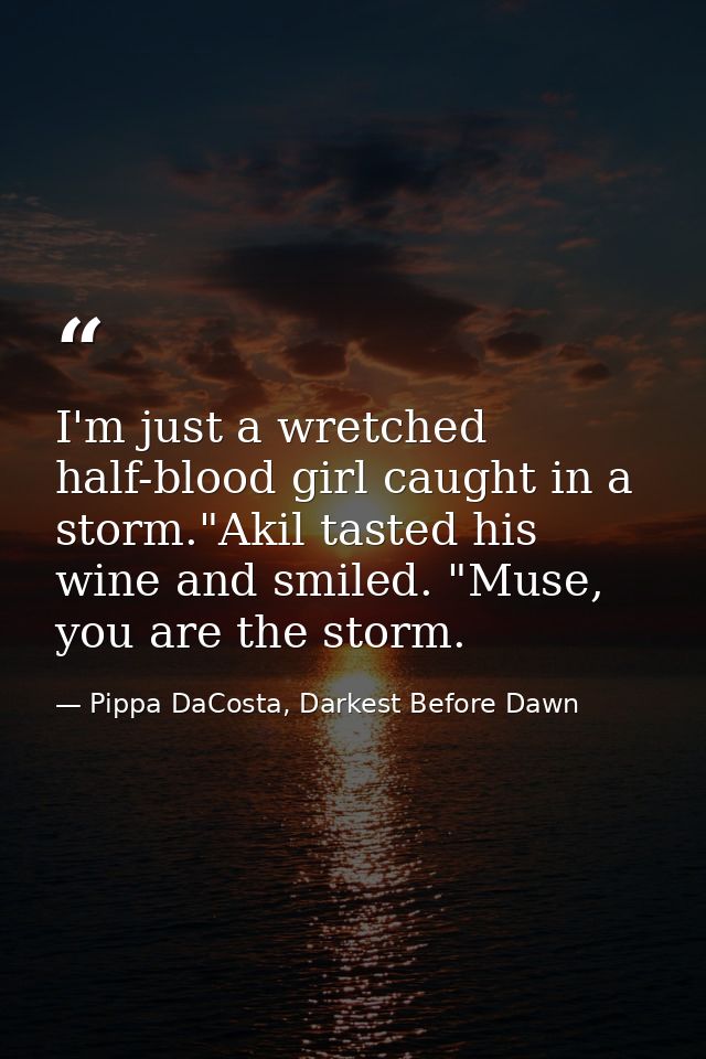 I'm just a wretched half-blood girl caught in a storm."Akil tasted his wine and smiled. "Muse, you are the storm. — Pippa DaCosta, Darkest Before Dawn