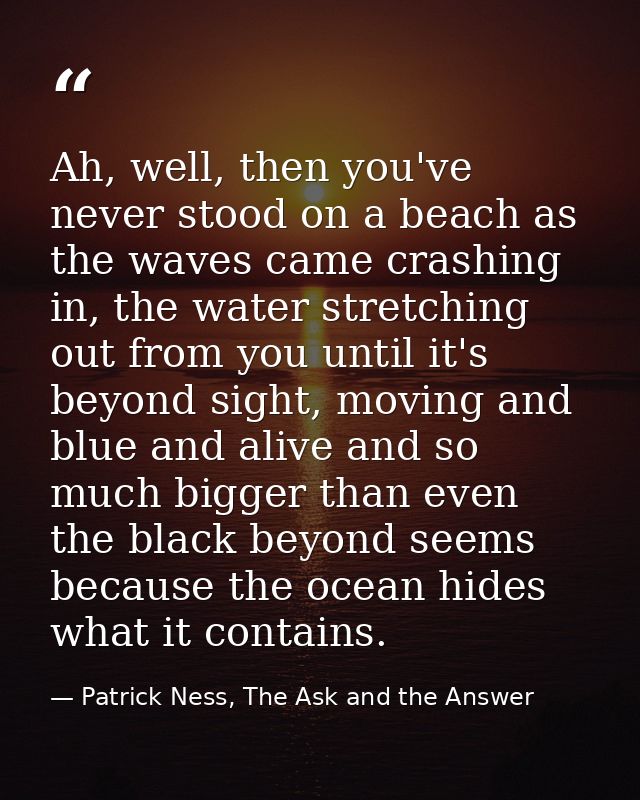 Ah, well, then you've never stood on a beach as the waves came crashing in, the water stretching out from you until it's — Patrick Ness, The Ask and the Answer