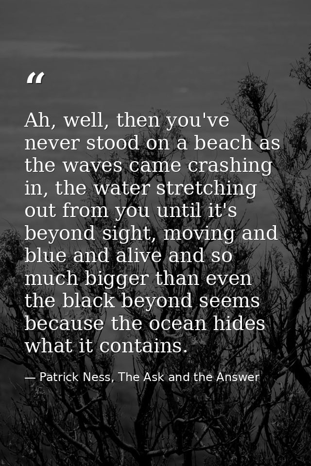 Ah, well, then you've never stood on a beach as the waves came crashing in, the water stretching out from you until it's — Patrick Ness, The Ask and the Answer