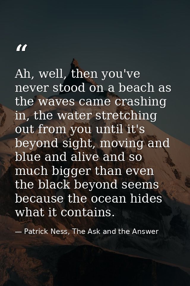 Ah, well, then you've never stood on a beach as the waves came crashing in, the water stretching out from you until it's — Patrick Ness, The Ask and the Answer