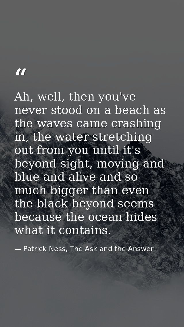 Ah, well, then you've never stood on a beach as the waves came crashing in, the water stretching out from you until it's — Patrick Ness, The Ask and the Answer